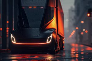 Elektro-Lkw Szene mit logistischen Abläufen und Warenlieferungen